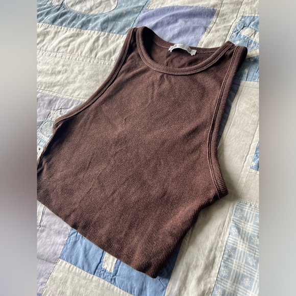 Zara Womens Brown Ribbed Sleeveless Summer Girlie Beachy Crop Tank Top Medium - Picture 5 of 5